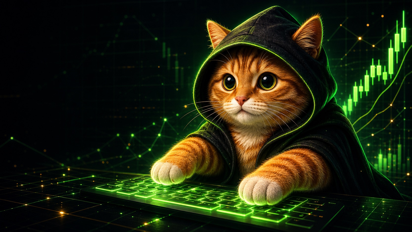 A hooded orange tabby cat with paws on a glowing keyboard above an on-chain chart