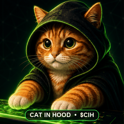 Cat In Hood taps a glowing keyboard with both paws as a green chart flashes behind the cat